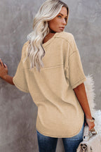 Purple Exposed Seam Half Sleeve Knitted V Neck Textured Top