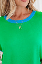 Green Contrast Trim Round Neck Short Sleeve Loose Knit Sweater