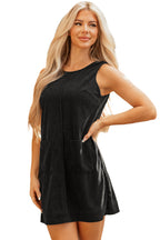 Black Corduroy Sleeveless Mini Dress With Patched Pockets