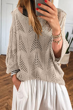 Navy Blue Hollow Out Knit 7/8 Sleeve Casual Sweater