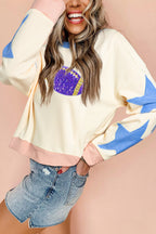 Beige Sequin Rugby Graphic Starry Patched Contrast Trim Game Day Sweatshirt