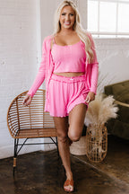 Bonbon Delicate Texture Cropped Cami Shorts and Cardigan 3pcs Lounge Set