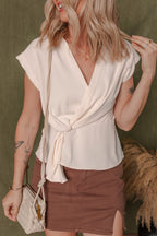 White Surplice V Neck Knotted Ruched Short Sleeve Peplum Blouse