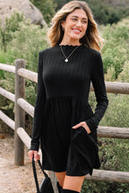 Black Frilled Neck Ribbed Knit Patchwork Long Sleeve Mini Dress