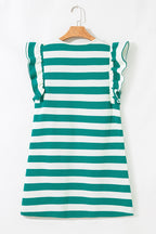 Green Stripe Flutter Sleeve Round Neck Shift Dress