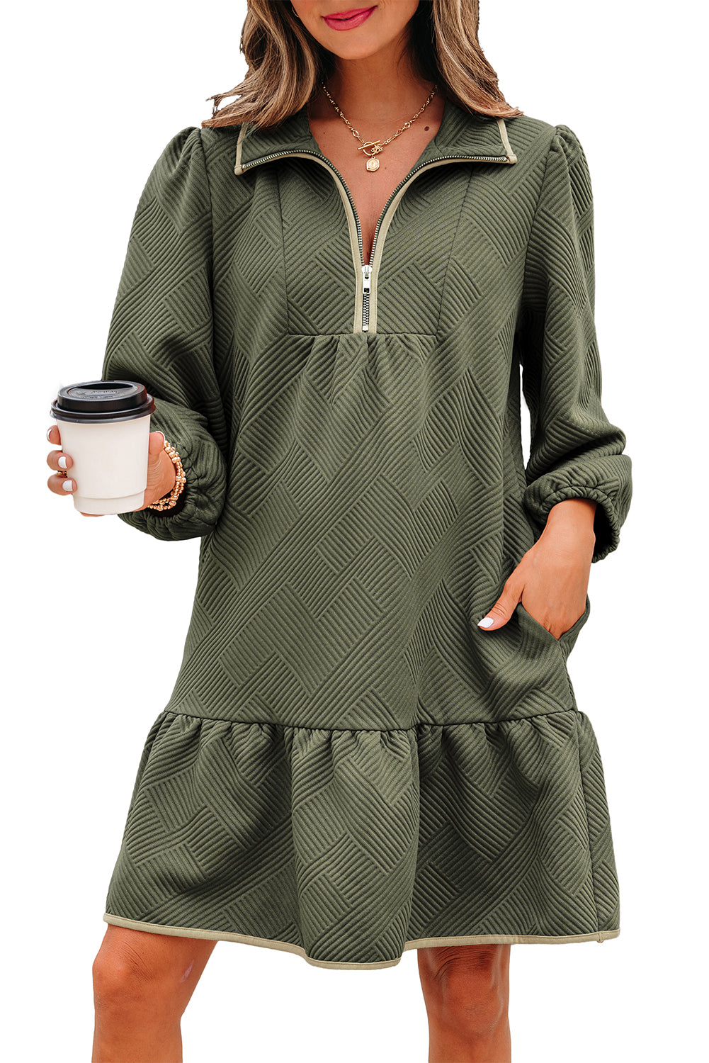 Jungle Green Quarter Zip Collar Bracelet Sleeve Textured Mini Dress