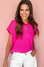 Rose Red Contrast Trim Round Neck Short Sleeve Loose Knit Sweater