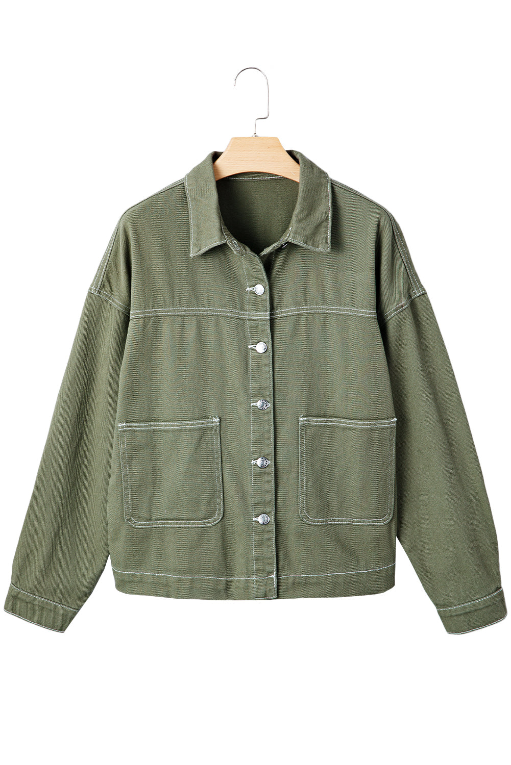 Smoke Green Patched Pocket Collared Button Front Boyfriend Denim Jacket