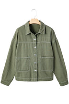 Smoke Green Patched Pocket Collared Button Front Boyfriend Denim Jacket