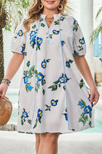 White Plus Size Floral Short Puff Sleeve Contrast Tie V Neck Dress