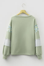 Laurel Green Floral Plaid Mixed Sleeve Raw Edge Relaxed French Terry Top