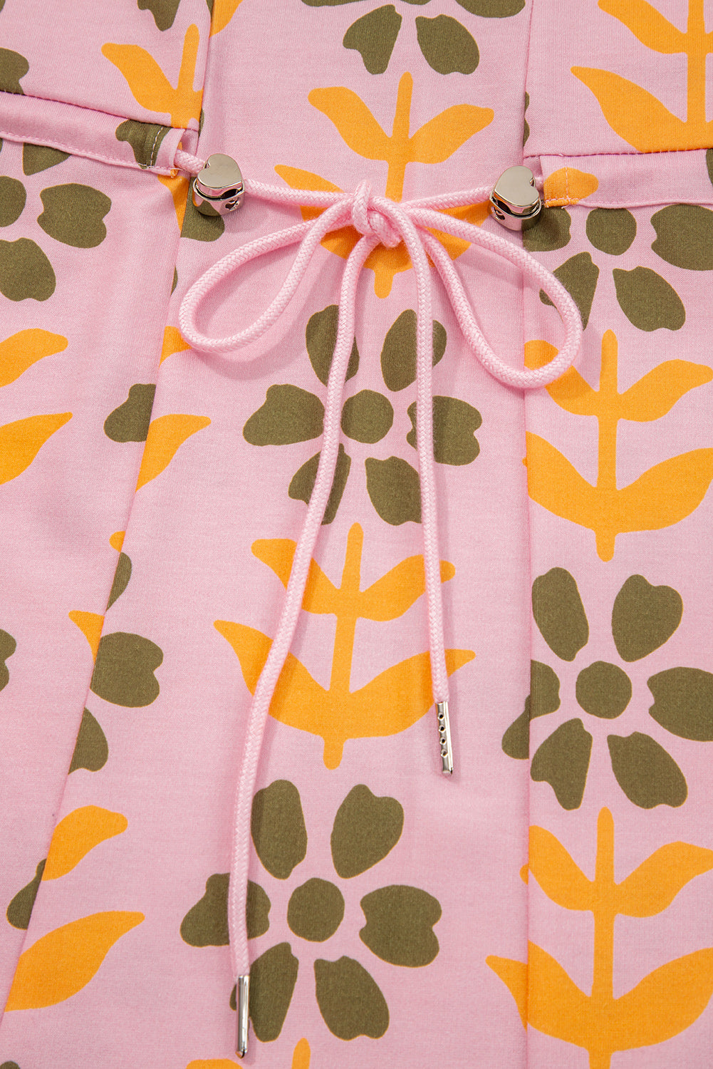 Pink Floral Print Zip Neck Striped Patchwork Long Sleeve Drawstring Dress