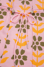 Pink Floral Print Zip Neck Striped Patchwork Long Sleeve Drawstring Dress