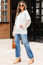 Beige Lace Sleeve Patchwork Faux Two-piece Fuzzy Sweater