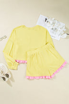 Yellow Contrast Plaid Ruffle Patchwork Pullover Top and Shorts Plus Size Set