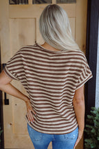 Green Stripe Textured Side Slits Crew Neck T Shirt