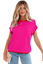 Rose Red Contrast Trim Round Neck Short Sleeve Loose Knit Sweater