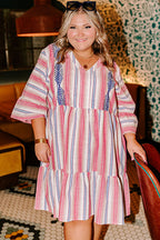 White Stripe Plus Size Embroidered Detail Flared 3/4 Sleeve V Neck Dress