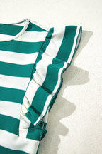 Green Stripe Flutter Sleeve Round Neck Shift Dress