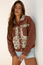Medium Grey Ribbed Retro Floral Patchwork Shirt Style Jacket