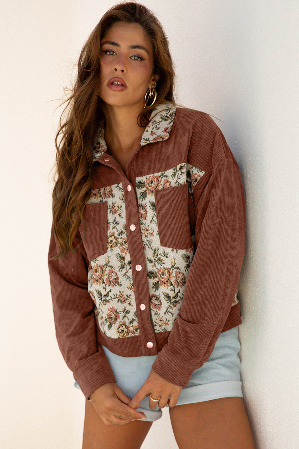 Medium Grey Ribbed Retro Floral Patchwork Shirt Style Jacket