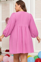 Sachet Pink Plus Size Textured Tie Split Neck Puff Sleeve Flowy Mini Dress