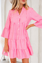Pink Stripe Flare Sleeve Half Placket Tiered Flowy Mini Dress