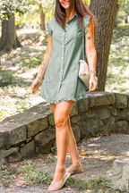 Green Stripe Frilled Sleeveless Collar Front Pocket Button Up Mini Dress