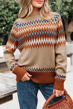 Khaki Aztec Print Colorblock Crew Neck Sweater