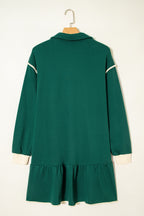 Evergreen Contrast Trim Zip Collar Long Sleeve Ruffle Hem Mini Dress