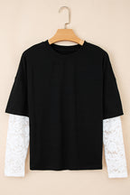 Black Lace Long Sleeve Insert Drop Shoulder Tee