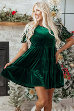 Evergreen Sequin Puff Sleeve High Waist Tiered Velvet Mini Dress