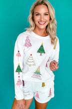 White Stripe Multi Christmas Tree Long Sleeve Top and Shorts 2pcs Lounge Set