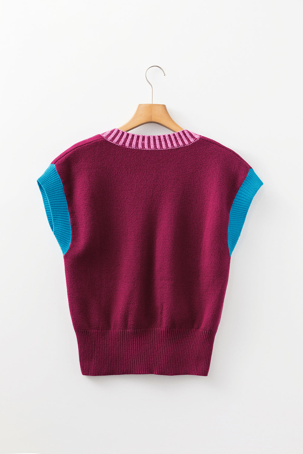Burgundy Contrast Trim V Neck Cuffed Short Sleeve Loose Sweater