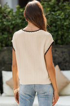 Camel Contrast Trim Boxy Fit Knit Short Sleeve Sweater Top