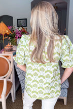 Green Floral Clouds Ruffled Short Sleeve Summer Blouse