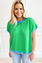 Green Contrast Trim Round Neck Short Sleeve Loose Knit Sweater