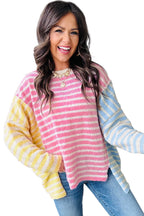 Multicolour Color Block Striped Patchwork Dolman Sleeve Slit Sweater
