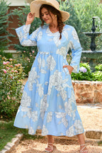 Sky Blue Floral Bracelet Sleeve V Neck Plus Size Tiered Maxi Dress