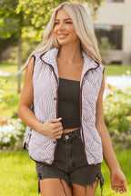 Brown Stripe Contrast Trim Snap Button Collared Winter Vest