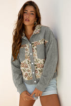 Medium Grey Ribbed Retro Floral Patchwork Shirt Style Jacket