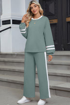 Pink Varsity Stripe Patchwork Puff Sleeve Pullover Drawstring Wide Leg Pant Set