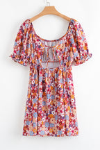 Red Floral Puff Sleeve Square Neck Knot Open Back Mini Dress