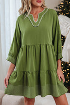 Jungle Green Contrast Stitched V Neck 3/4 Sleeve Tiered Mini Dress