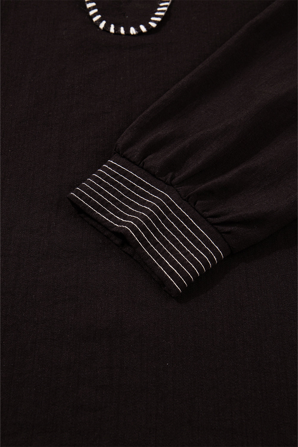 Black Contrast Stitched Detail V Neck Ruffle Long Sleeve Blouse