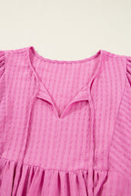 Sachet Pink Plus Size Textured Tie Split Neck Puff Sleeve Flowy Mini Dress