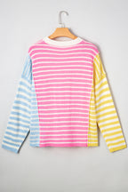Multicolour Color Block Striped Patchwork Dolman Sleeve Slit Sweater
