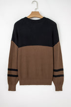 Dark Brown Color Block Knit Striped Sleeve Detail Casual Sweater