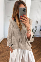 Navy Blue Hollow Out Knit 7/8 Sleeve Casual Sweater