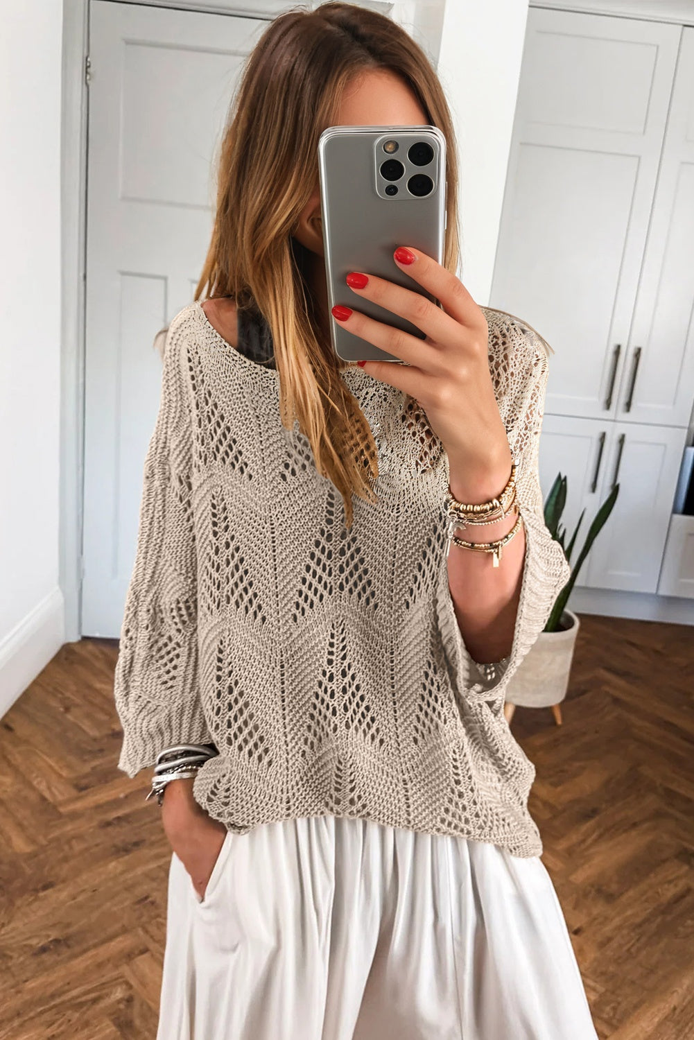 Navy Blue Hollow Out Knit 7/8 Sleeve Casual Sweater